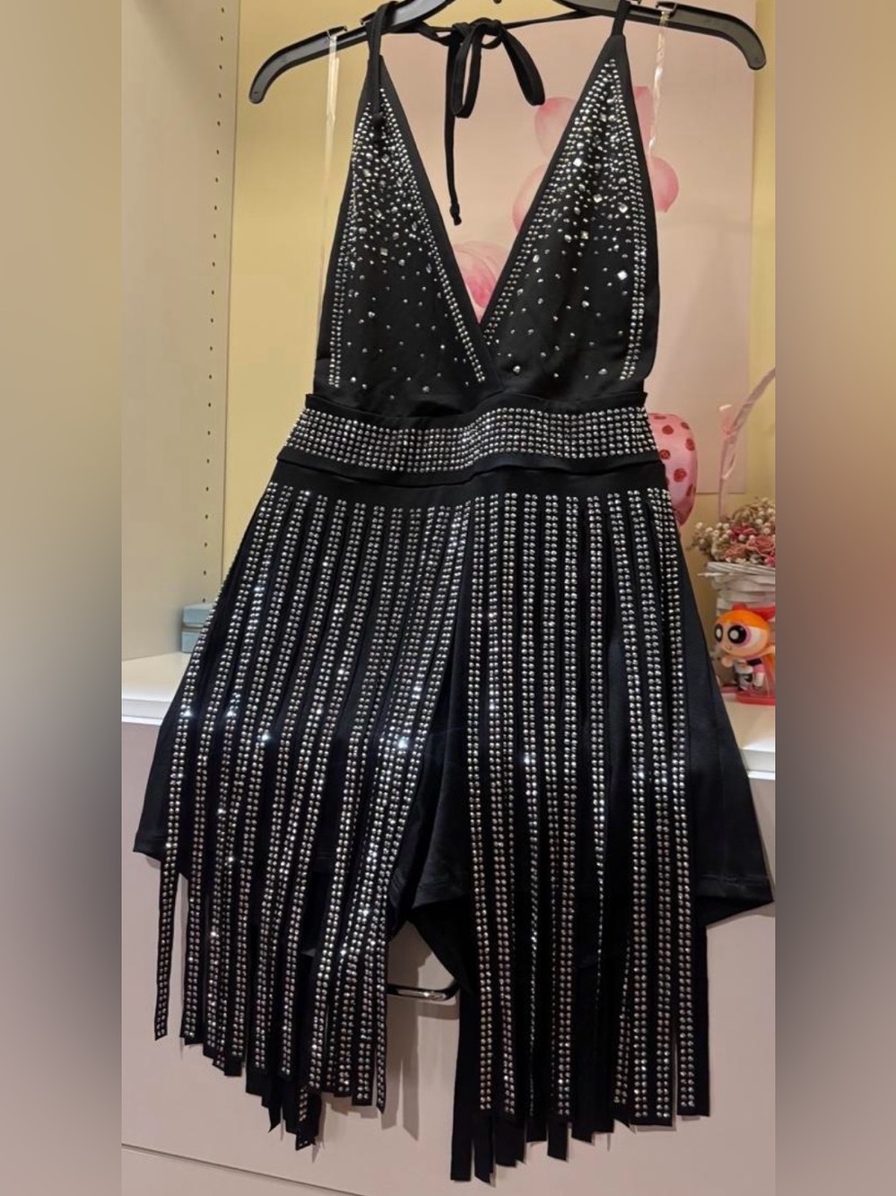 Black Halter Rhinestones Fringe Mini Romper. Size M